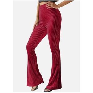 Velvet Flare Pants Ribbed Bell Bottoms Boho Glam Disco Y2K  Red Small